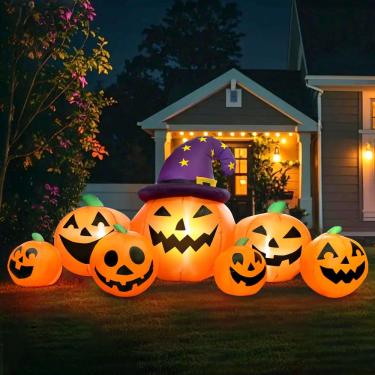 Imagem de Abóbora inflável de Halloween de 8 pés com chapéu de bruxa e 3 luzes LED