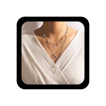 Imagem de Xduargs Colar de triângulo em camadas boho vintage com pingente de folha e cristal prateado, gargantilha com pingente de triângulo duplo, corrente feminina, Zinco, Sem Pedra Preciosa