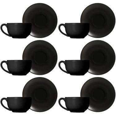 Imagem de Conjunto de 6 Xícaras de Chá com Pires de Cerâmica Preto Acetinado 250ml - Alleanza