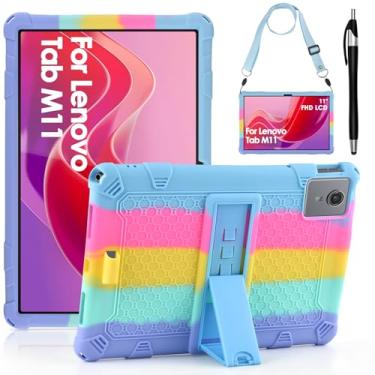 Imagem de DETUOSI Capa compatível com Lenovo Tab M11/K11 LTE de 11 polegadas (TB-330FU/330XU), ângulos de visualização múltipla, capa de silicone macio antiestresse com alça de ombro e caneta Stylus, azul claro