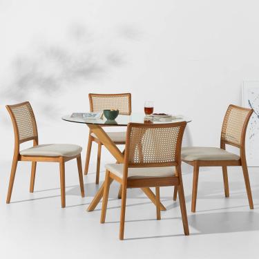 Imagem de Conjunto Mesa de Jantar Thai Redonda Vidro Incolor - 1,10m + 4 Cadeiras Amai Encosto Palha Larga - Areia