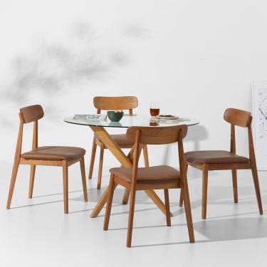 Imagem de Conjunto Mesa de Jantar Thai Redonda Vidro Incolor - 1,10m + 4 Cadeiras Nord Encosto Madeira PU - Cognac