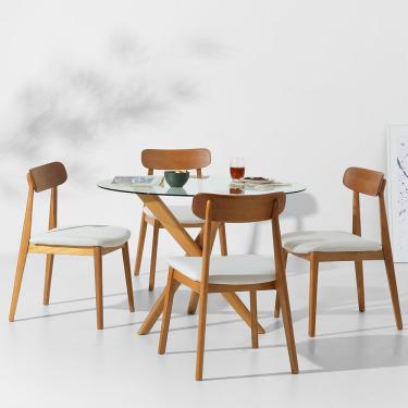 Imagem de Conjunto Mesa de Jantar Thai Redonda Vidro Incolor - 1,10m + 4 Cadeiras Nord Encosto Madeira Texture - Off White