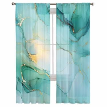 Imagem de Cortinas semitransparentes 213 cm C, cortinas com bolso para varão, arte abstrata, verde dourado, mármore, gradiente, textura, tratamentos de janela, filtro de luz para sala de estar, cozinha, quarto