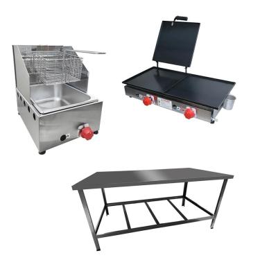 Imagem de Kit Lanchonete Mesa De Manipulação 120x55cm + Fritadeira A Gás 1 Cuba + Chapa A Gás 60cm Alcamar