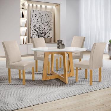Imagem de Conjunto Mesa Arizona 120cm Com 4 Cadeiras Canela Tampo Redondo Plus Com Vidro Cinamomo-off White-boucle Bege