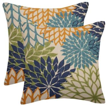 Imagem de Conjunto de 2 capas de almofada azul-marinho verde 50,8 x 50,8 cm conjunto de 2 almofadas decorativas florais azul-petróleo laranja dália casa de fazenda decoração de flores geométricas capa de