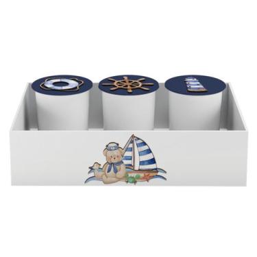 Imagem de Trio de Potes e Bandeja Kit Higiene MDF Urso Marinheiro - Neném na Nuv