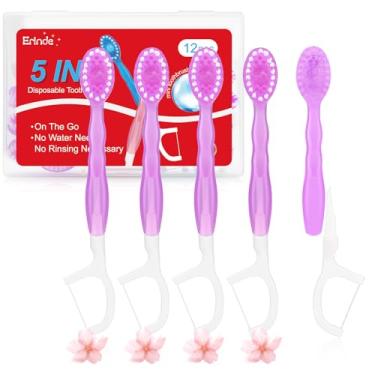 Imagem de Erinde Mini escovas de dentes descartáveis 5 em 1 com pasta de dente + raspador de língua + palhetas + estojo de viagem com fio dental, palhetas pré-coladas para viagem para trabalho ou viagem