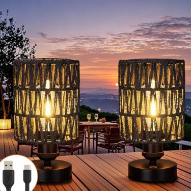 Imagem de ALL FORTUNE Luminárias De Mesa Sem Fio Para Áreas Externas, Estilo Boho, Recarregáveis, Vime, Com Regulagem Intensidade, Operadas Por Bateria, Pátio, Casa, Sala Estar, Quarto, Cabeceira - Conjunto 2