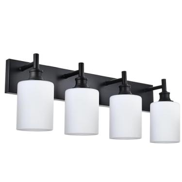 Imagem de Wanluce Luminárias Pretas Para Banheiro Sobre Espelho, Penteadeira Com 4 Luzes E Cúpula De Vidro Branco Opala, Arandelas Modernas Quarto Sala Estar