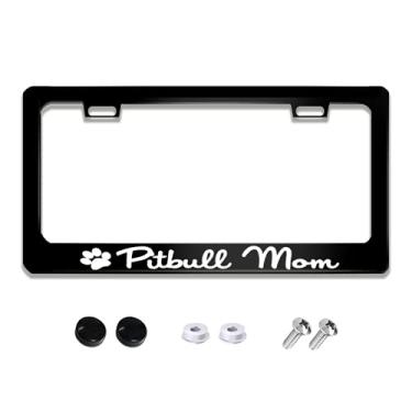 Imagem de Moldura engraçada para placa de carro com textos de humor Pitbull Mom com impressão de pata em aço inoxidável suporte de etiqueta de carro preto com 2 furos e parafusos 30 x 15 cm para veículos dos