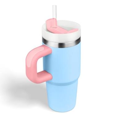 Imagem de BAISHIDA Copo de 400 ml com alça e canudo, copo infantil de 400 ml com tampa e canudo para crianças copos de aço inoxidável, presente de viagem para esportes ao ar livre, escola, mantém as bebidas