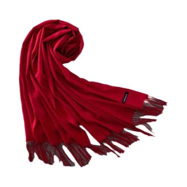 Imagem de Xale de Caxemira Longo Feminino - Cor Sólida, Hijab, Pashmina com Borl