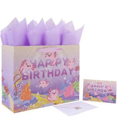 Imagem de Conjunto de sacolas de presente de feliz aniversário Axolotl grande de 33 cm com alças, cartão comemorativo, papel de seda roxo e adesivos para meninas, crianças, mulheres, adolescentes, design com