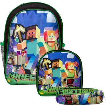 Imagem de Kit Mochila Escolar Minecraft Costas + Lancheira e Estojo - TOYS 2U