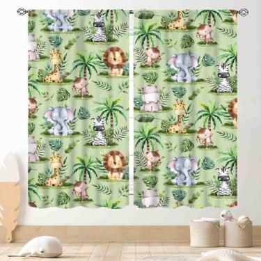 Imagem de TKUYO Cortinas de animais de safári da selva, desenhos animados, leão, girafa, elefante, floresta, folha tropical, cortina de janela verde para crianças, meninos, meninas, bebê, sala de estar, quarto