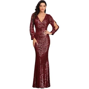 Imagem de Vestido Longo De Coquetel De Noite Sereia Vestido De Festa Longo Formal Feminino Vestido De Baile Manga Longa Elegante Vestido Maxi De Lantejoulas, Red, M(Bust:91-96cm)