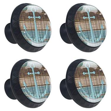 Imagem de Conjunto de 4 peças de armários ferragens puxadores de móveis redondos âncora náutica impressão de madeira rústica, gaveta cômoda armário guarda-roupas puxadores para cozinha doméstica