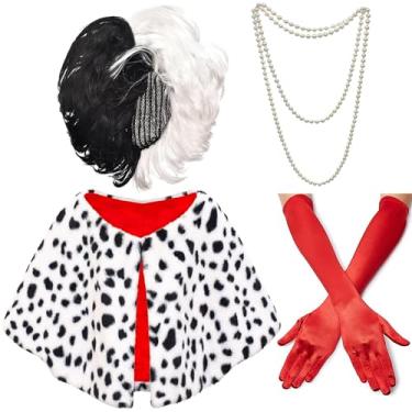 Imagem de ZeroShop Fantasia feminina de Halloween 2022, peruca preta e branca, luvas vermelhas, cachecol xaile dálmata, acessórios para colar, fantasia extravagante, Vermelho, branco e preto, Women