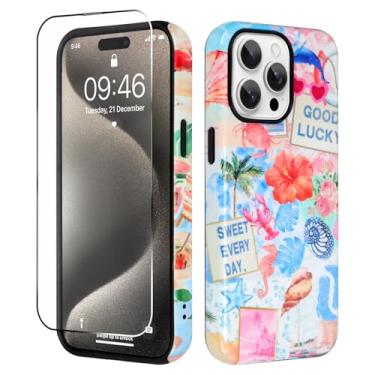 Imagem de ZIYE Capa magnética para iPhone 15 Pro com protetor de tela, compatível com MagSafe, concha do mar, praia, floral, verão, colagem, arte, arte, capa, capa rígida protetora contra quedas de 2 camadas