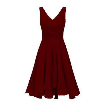Imagem de XUENWBD Vestidos curtos de dama de honra para mulheres, decote em V duplo, evasê, franzido elegante, vestido de baile de formatura de chiffon com bolsos X12, Borgonha, 38