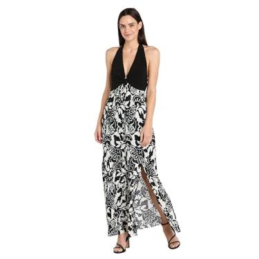 Imagem de Vestido maxi frente única com saia estampada, fenda lateral e costas abertas - vestido de verão sem mangas para mulheres, Preto/Marfim, PP