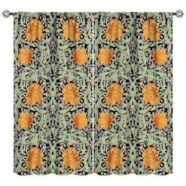 Imagem de YCness William Morris Cortinas florais vintage, verde-sálvia, laranja, fazenda, impressas, blackout para quarto, sala de estar, cozinha, decoração, tecido, 2 painéis, 106 x 113 cm, taxa de