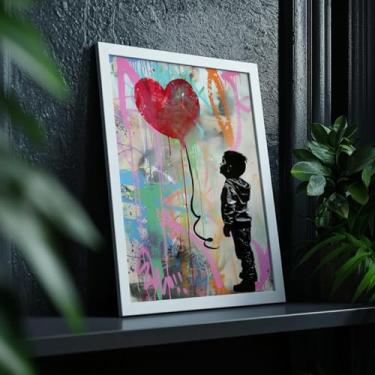 Imagem de Quadro Decorativo Menino Balão Coração Com Moldura Arte Urbana Estilo Banksy Colorido Amor Infantil Moderna Parede Criativa