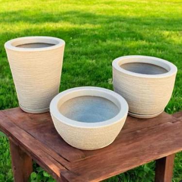 Imagem de Kit Jogo 3 Vasos Decorativos Texturizados Cone + Bojo + Bacia Em Polietileno Para Planta Flor Com Pratos(Bege)