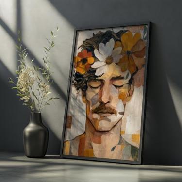 Imagem de Quadro Decorativo Homem Flores Com Moldura Retrato Masculino Floral Arte Moderna Romântico Natural Texturizado Criativo Sala Quarto Decoração