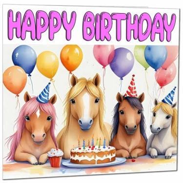 Imagem de Cartão de aniversário de pônei - Cartão de aniversário de cavalo fofo para meninas - 145 x 145 mm