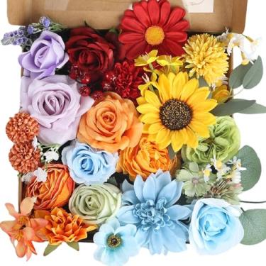 Imagem de Conjunto de flores artificiais coloridas multiuso, rosas falsas, girassol de seda com hastes para buquês de casamento, chá de bebê, arranjos florais de centro de mesa, decoração de casa (arco-íris 2)