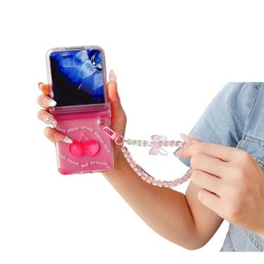 Imagem de SKPY Linda capa compatível com Motorola Razr Ultra 2025 com cordão de pérola, desenho animado engraçado cereja fruta padrão capa de proteção de dobradiça à prova de choque para Razr Ultra 2025 para