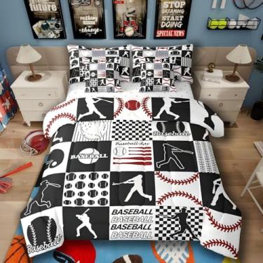 Imagem de Jogo de cama solteiro de beisebol com lençóis, bola esportiva, 7 peças, luva de taco de beisebol, para jogadores, cama em uma bolsa, para fãs de softball, esporte europeu, preto, vermelho