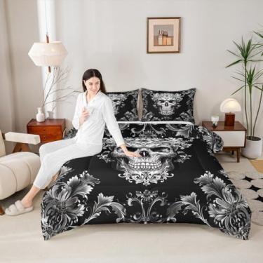 Imagem de Conjunto de edredom de caveira gótica, tamanho solteiro, esqueleto floral cinza, 2 peças, gótico barroco vitoriano, para todas as estações, decoração de quarto de crianças, meninos, meninas
