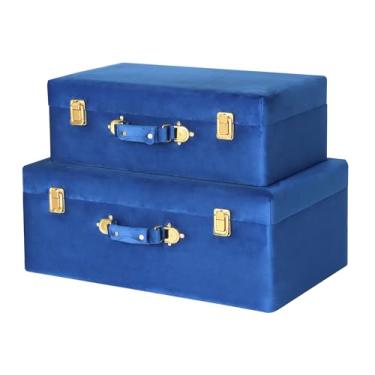 Imagem de HofferRuffer Baús de armazenamento de veludo com moldura de madeira, conjunto de 2 baús de armazenamento com alças, organizador de quarto, caixas decorativas estofadas, tampa articulada com detalhes