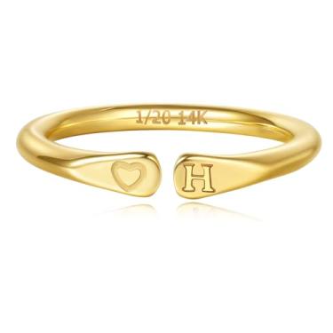 Imagem de YIKOXI Anéis femininos preenchidos a ouro 14 k com inicial esculpida à mão e não mancham alianças em formato de coração para mulheres, Aço inoxidável, Sem pedra preciosa