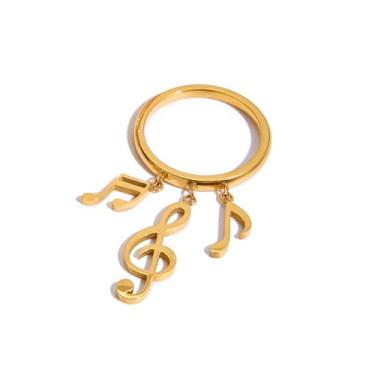 Imagem de Anel feminino com pingente de borla com notas musicais, hipoalergênico, banhado a ouro, elegante, clave aguda, tema musical, empilhável, joia de formatura para professores e estudantes, tamanho 7