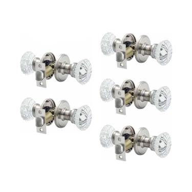 Imagem de Maçanetas de porta de cristal, pacote com 5 maçanetas de vidro para cama, banho, vidro transparente, privacidade, fechaduras interiores (níquel acetinado, privacidade)