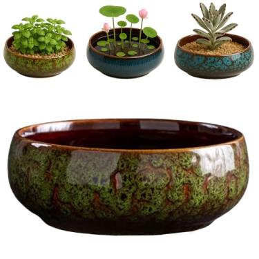Imagem de Oncpcare Vaso de lótus – Tigela de cerâmica esmaltada para plantas internas, vaso de lótus para sementes de lótus, bonsai, suculentas | Tigela de flores oriental decorativa hidropônica rasa (verde)