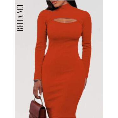 Imagem de Vestido Tubinho Manga Longa Gola Alta Decotado Moda Gringa - Laranja Q