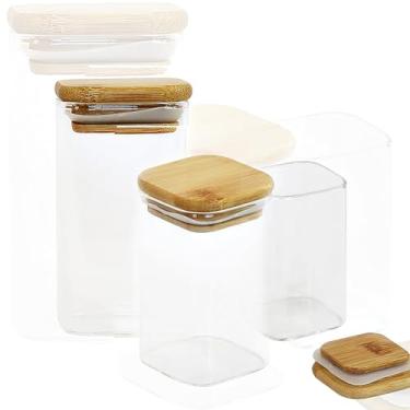 Imagem de Pote Hermético Quadrado de Vidro em Borossilicato com Tampa de Bambu Bactericida Premium (Kit 3 und)