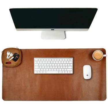 Imagem de LEATHER VILLAGE Tapete de mesa de couro verdadeiro (3 mm) espesso de camada dupla para teclado, mouse e laptop - tapete de mesa de escritório e acessórios de mesa - 81 x 40 cm) - marrom
