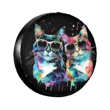 Imagem de LOJAOGON Capa de pneu sobressalente de gato aquarela protetores de roda à prova de poeira capa de pneu para trailer, trailer, areia muitos veículos 38.1 cm