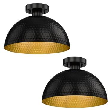 Imagem de ELYONA Pacote com 2 luminárias marteladas semiembutidas, luminária de teto de fazenda de 30 cm com acabamento moderno preto e dourado para quarto, banheiros, corredor, cozinha, varanda, lavanderia