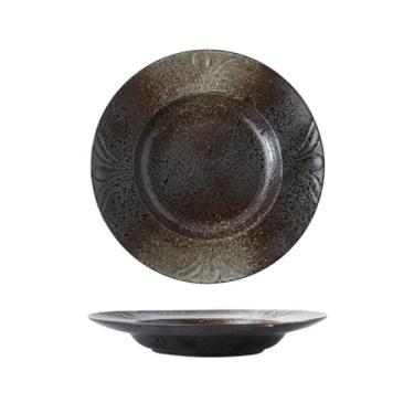 Imagem de Prato redondo de aba larga esmaltado de forno de cerâmica japonesa de tamanho grande requintado - [ponta preciosa preta] 25,4 cm