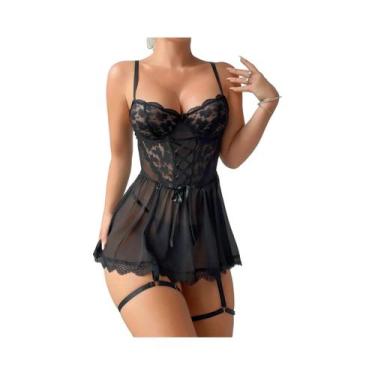 Imagem de Conjunto De Lingerie Sensual De Renda Transparente Com Tanga Exótica, 