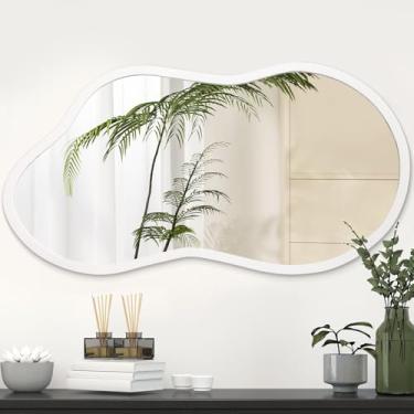 Imagem de AAZZKANG Espelho de parede irregular de madeira grande 56 x 30 cm espelhos decorativos para pendurar assimétricos para quarto, vestiário, sala de estar, banheiro, entrada, branco