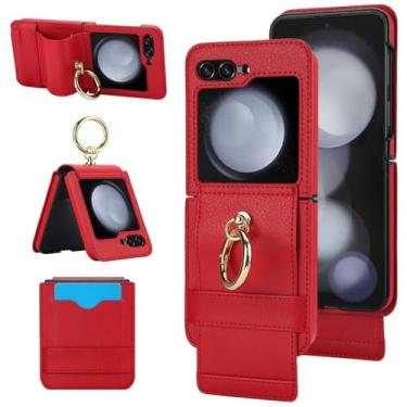 Imagem de Capa de telefone anelar para Samsung Galaxy Z Flip 6 5 4 3 Flip6 Flip5 Flip4 Flip3 5G com porta-cartão bolsa cordão capa de couro, vermelha, para Galaxy Z Flip 5